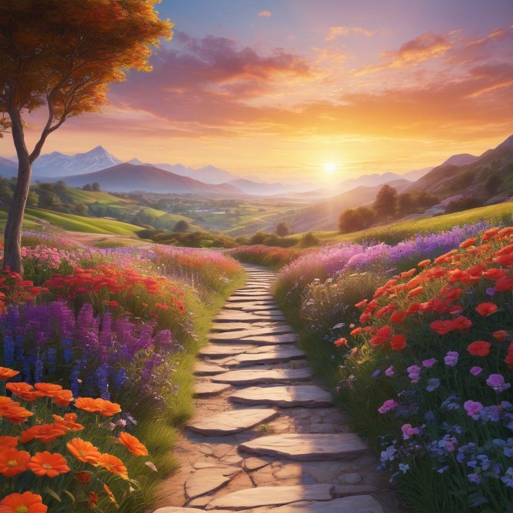 A serene landscape featuring a winding path symbolizing a journey, surrounded by vibrant flowers representing hope and resilience. Include subtle elements of scientific symbols or medical icons, like DNA strands and heartbeat lines, integrated into the scenery. A bright sunrise in the background conveys optimism and new beginnings. Soft, inviting colors and a warm atmosphere create an uplifting mood. super-realistic. vibrant colors. 3D.
