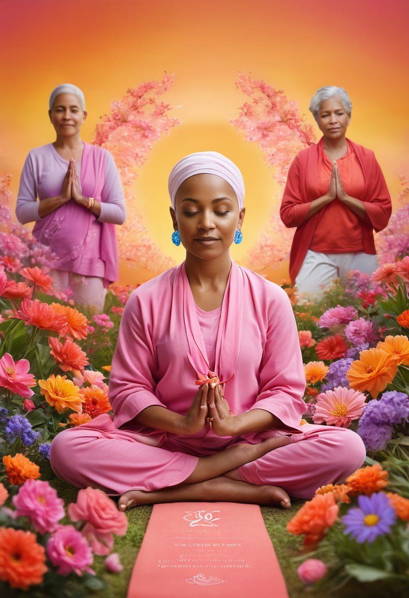 A montage of diverse individuals empowered and engaged in cancer awareness activities, showcasing serene environments for symptom management like meditation and yoga. Include vibrant symbols of hope, such as ribbons and blooming flowers, surrounding them while they share knowledge and support. Warm, inviting colors create a sense of community and resilience. super-realistic. vibrant colors. soft focus.