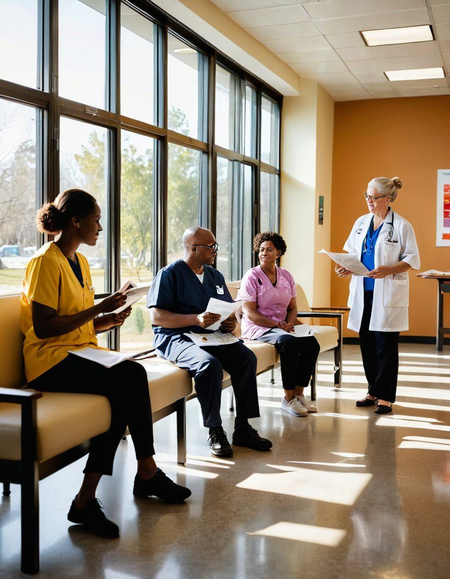 A hopeful scene depicting a diverse group of patients in a bright, open space, engaging with knowledgeable healthcare professionals. One patient is reading informative brochures, another discussing with a nurse, while a third is connecting with others in a support group. Sunlight streams in through large windows symbolizing hope and empowerment. Use warm colors to evoke a sense of community and resilience. super-realistic. vibrant colors. warm lighting.